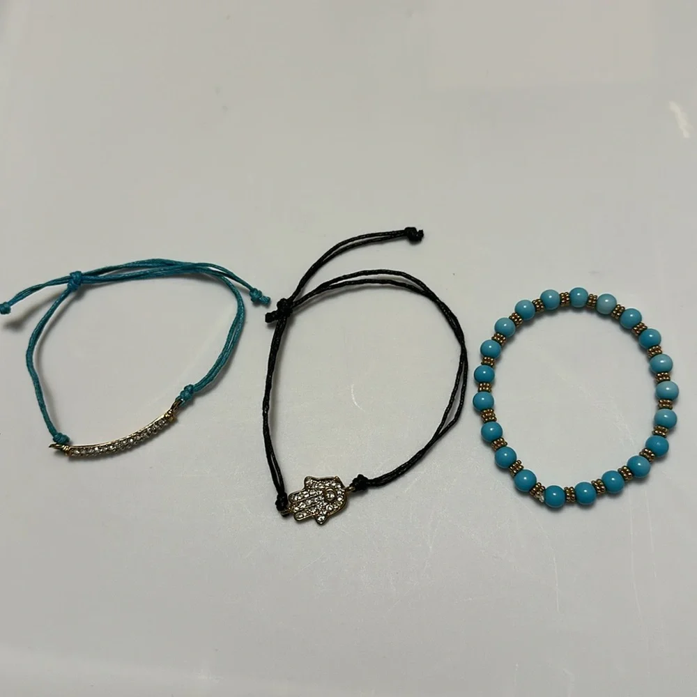 Lot of 11 Handmade Bracelets - Blue Leather Wrap Hand Stamped & Beaded - Picture 4 of 16